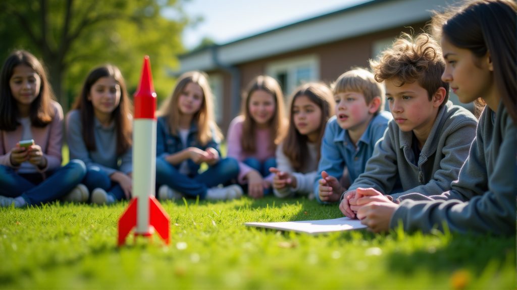 A group of kids are gathered around a model rocket in a grassy field.