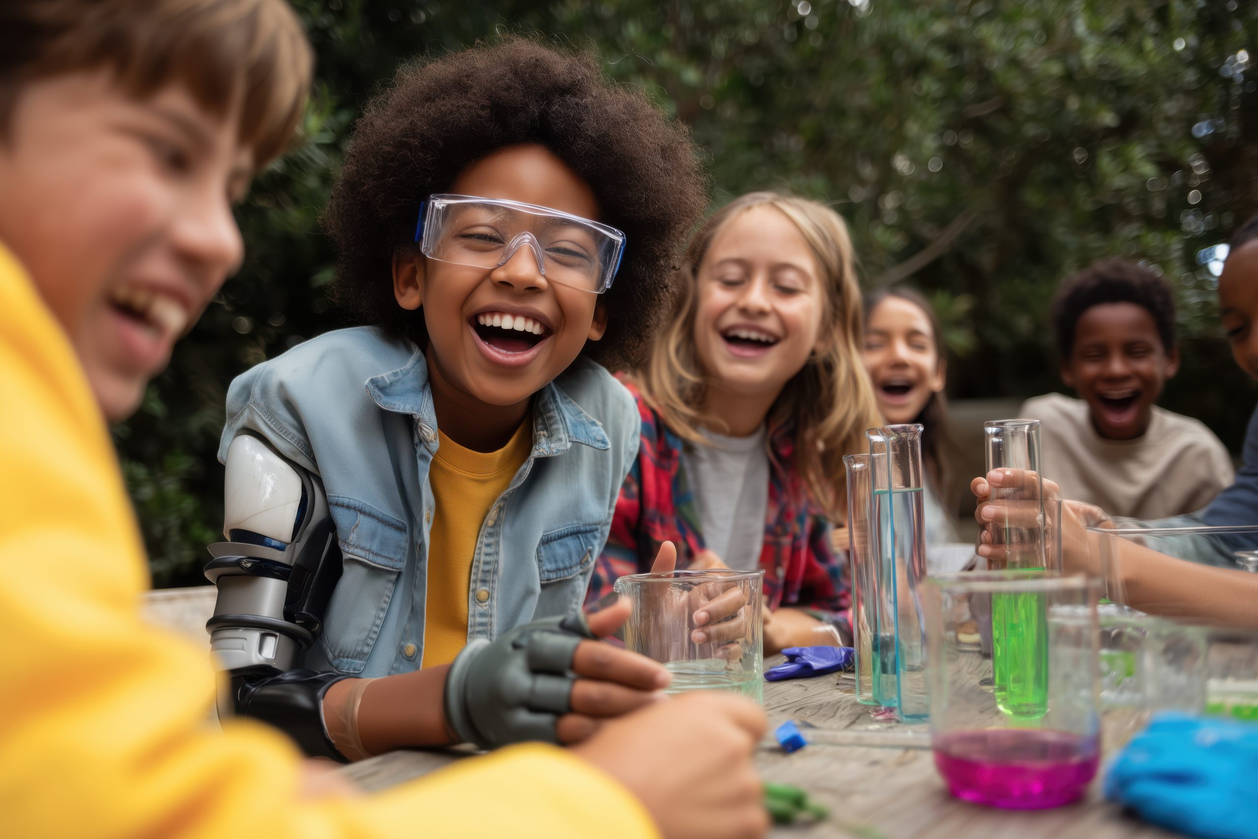 Joyful kids enjoy a science experiment, showcasing inclusivity and STEM education.  Their smiles highlight the fun and engagement in learning.